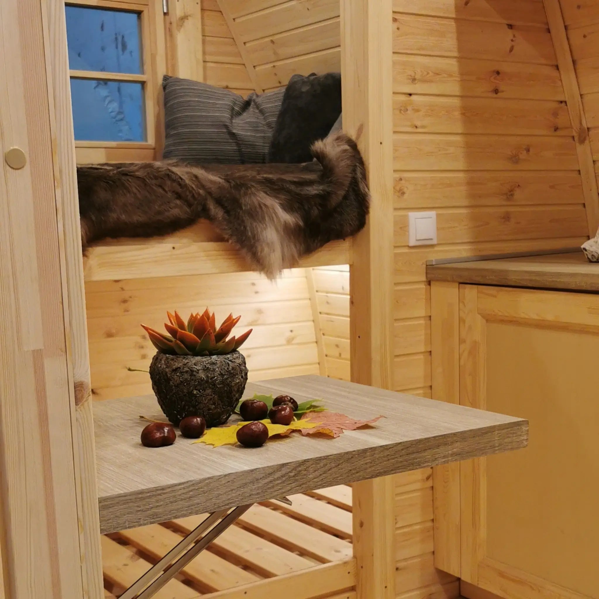 Bunk bed sleeping area inside The Hearthwood luxury 2 person glamping pod