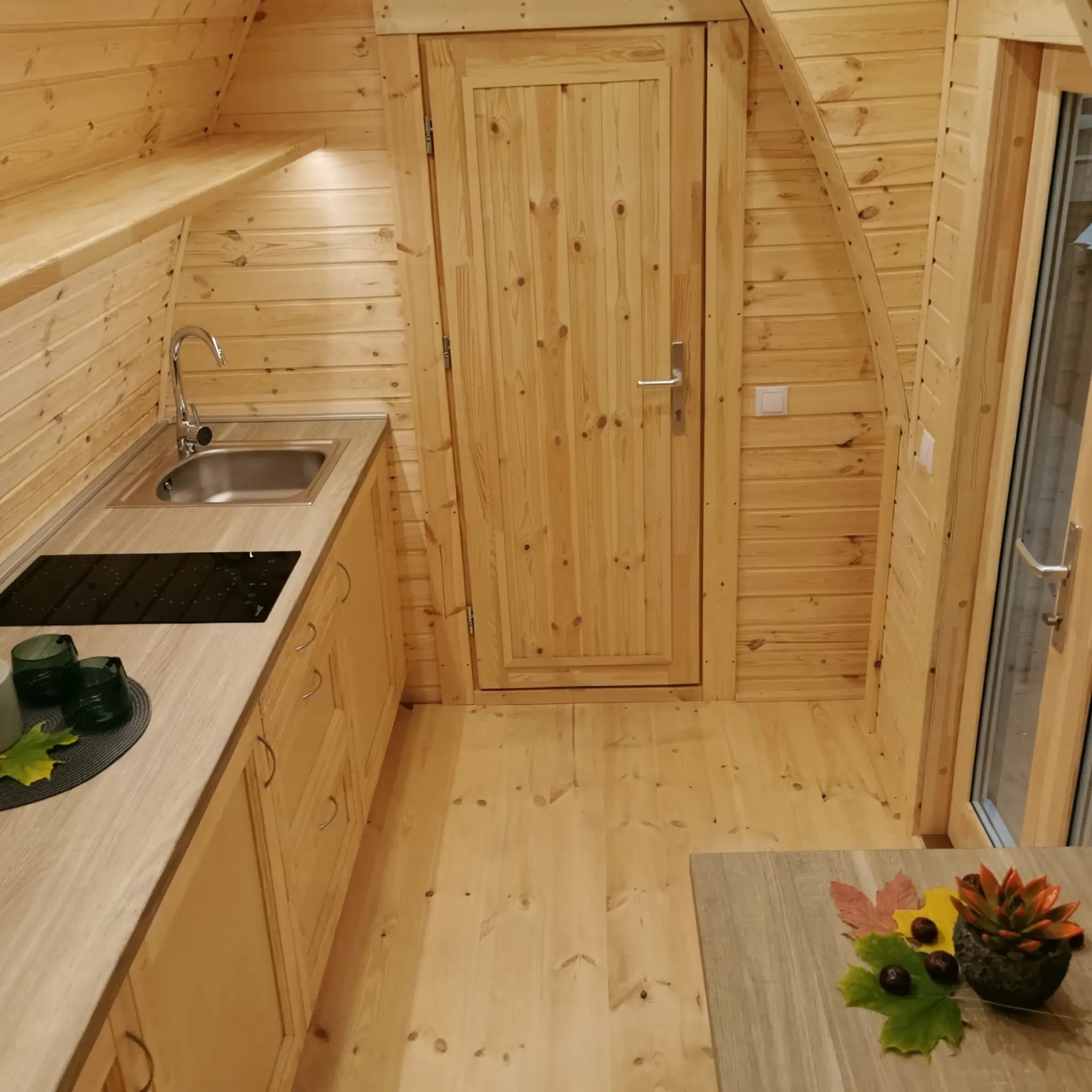 Interior view showing kitchen and bathroom entrance inside The Hearthwood Pod