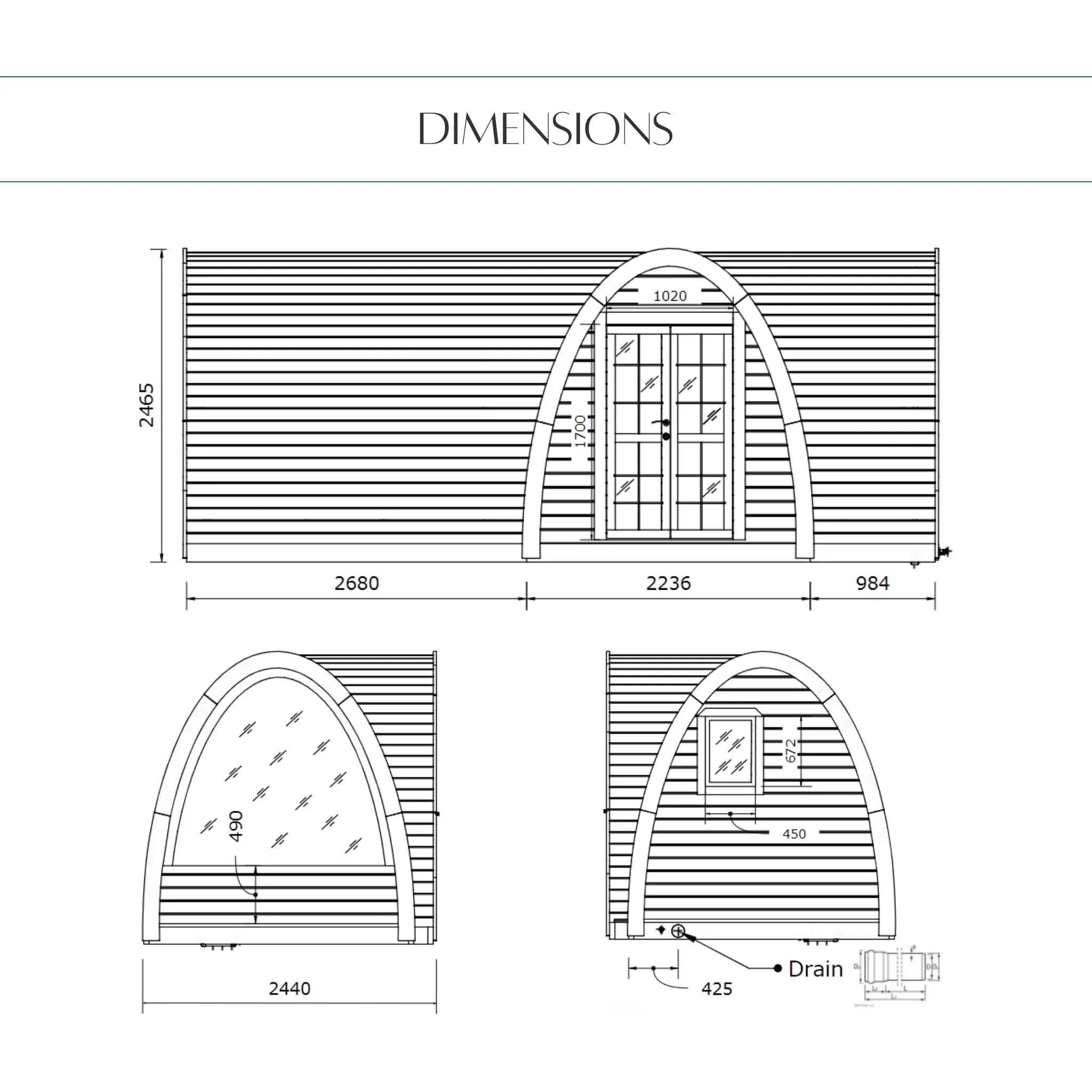 Hobbit Pod Dimensions Technical Drawing