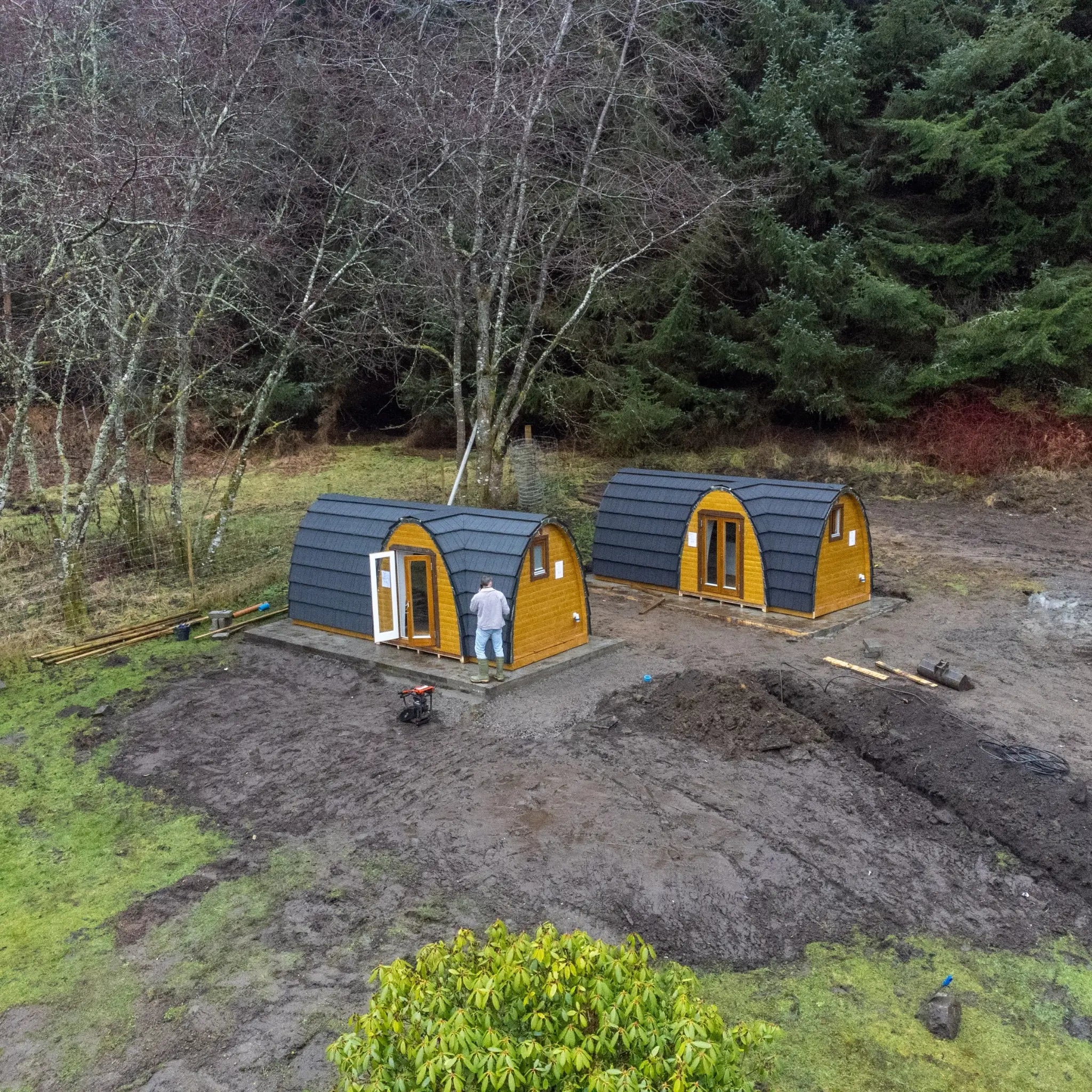 Aerial View of Luxury Hobbit Pods Installed in Natural Woodland Location
