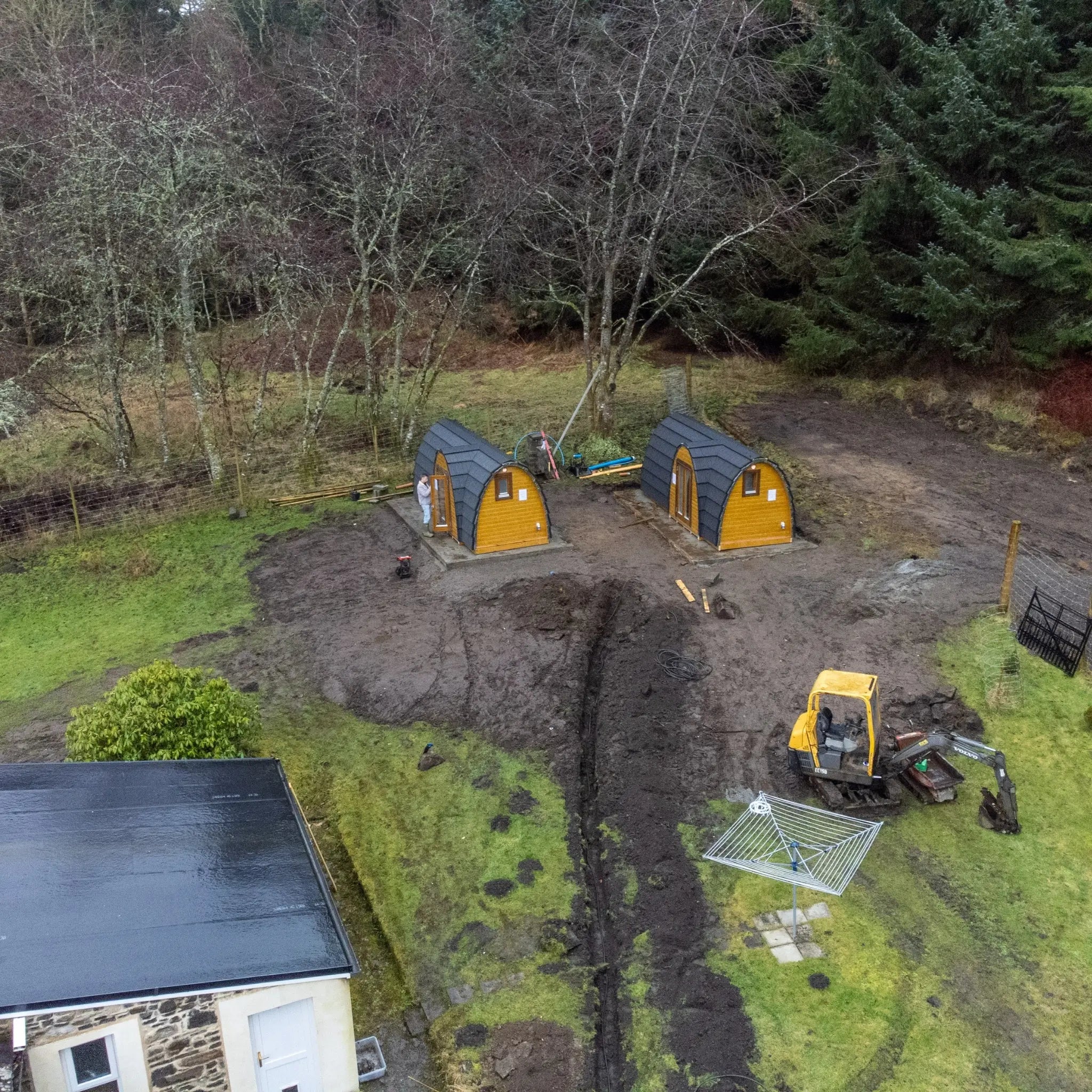 Drone View of Hobbit Pod Glamping Cabins on Private Countryside Plot
