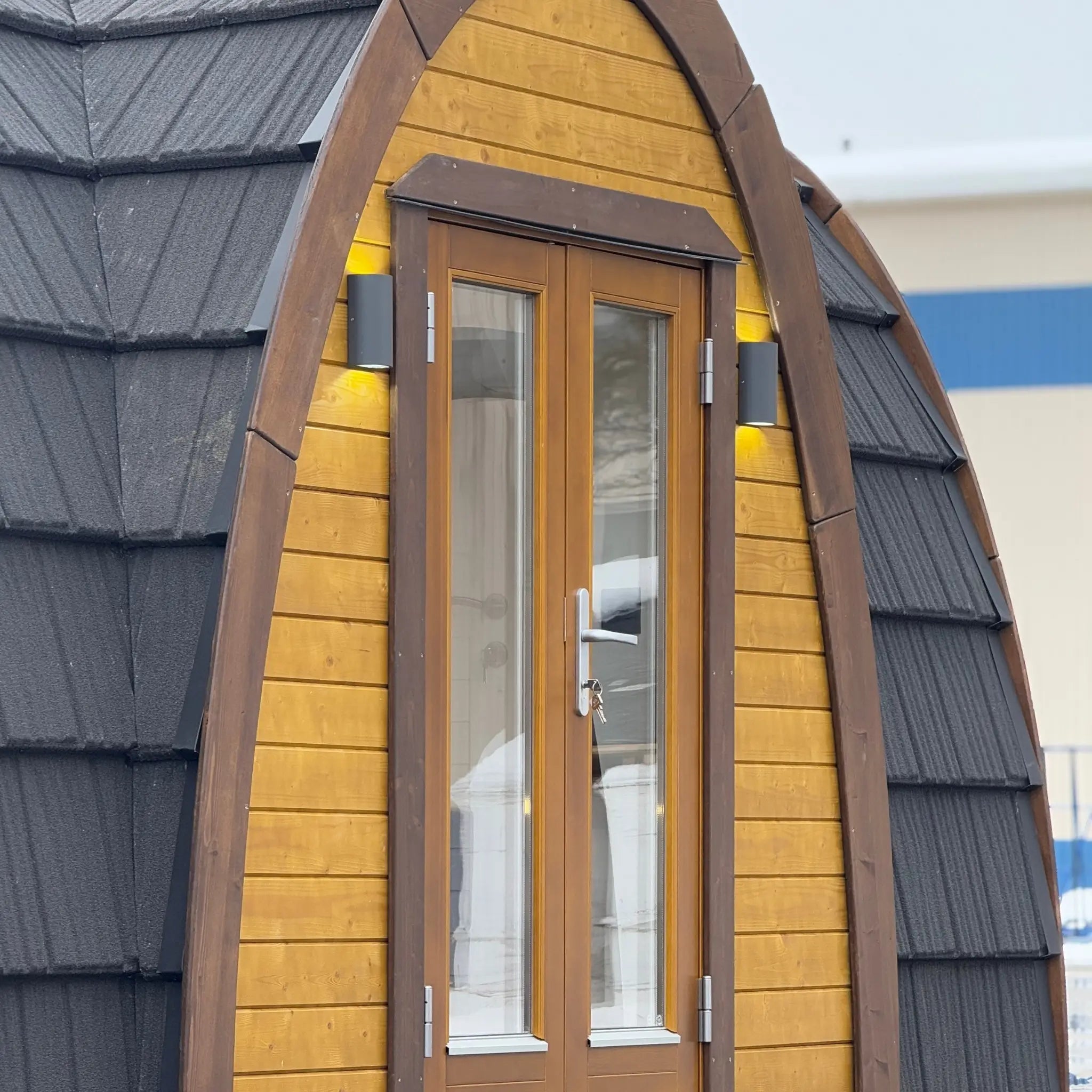 Front View of Luxury 2 Person Hobbit Glamping Pod Exterior