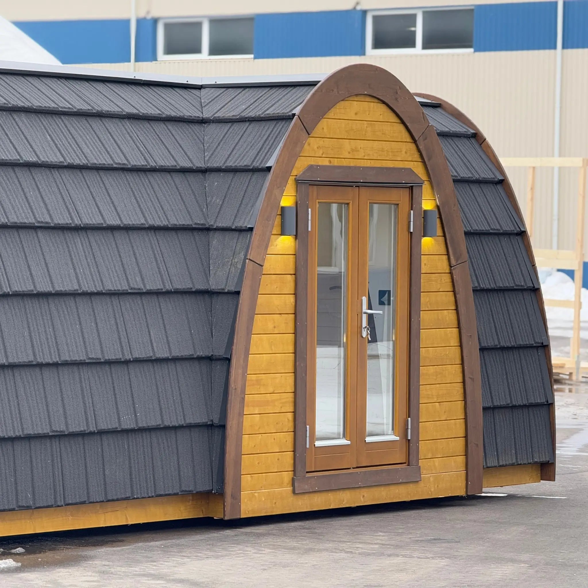Close Up of Hobbit Pod Entrance Doors and Timber Arch Frame