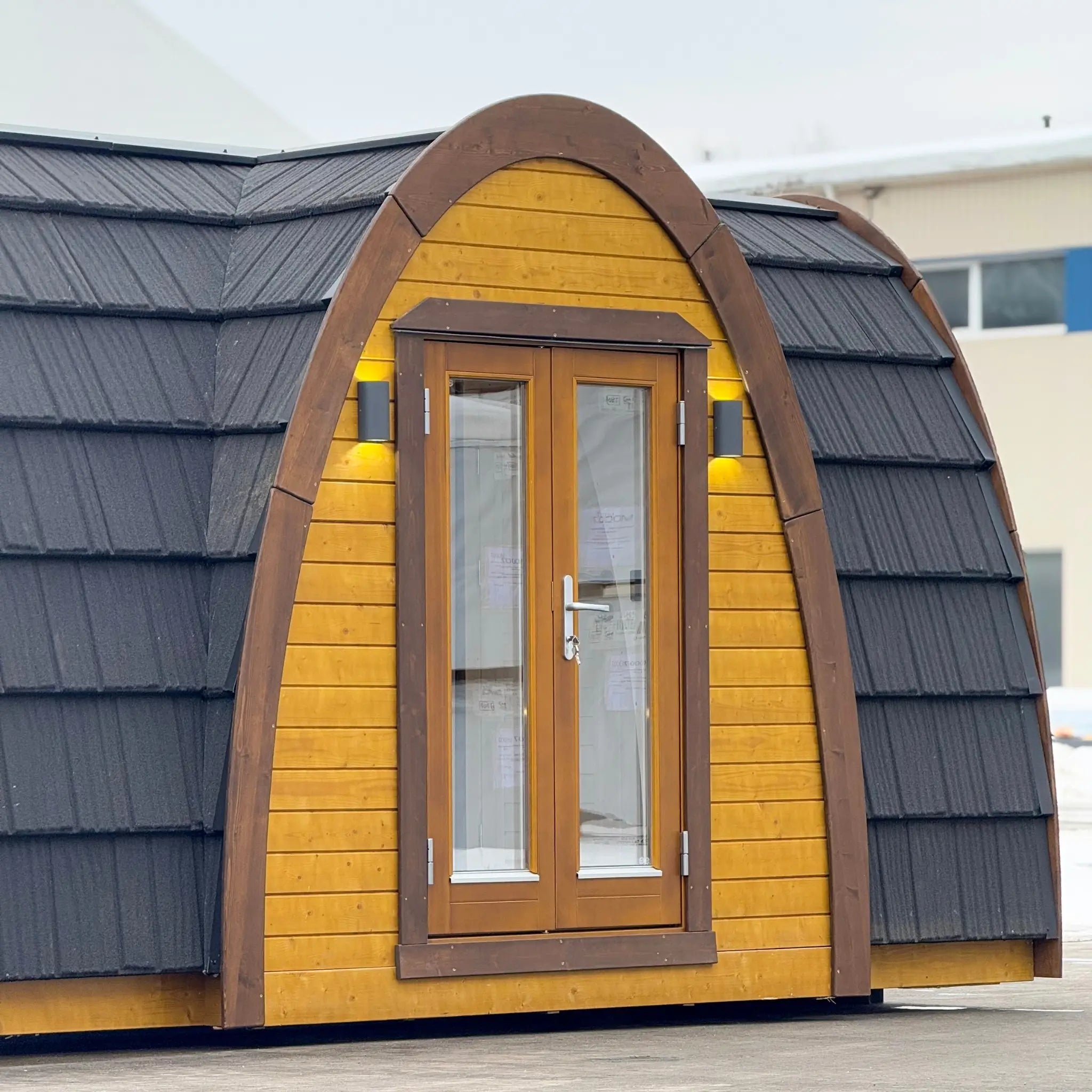 Angled Exterior View of Luxury Hobbit Style Glamping Pod
