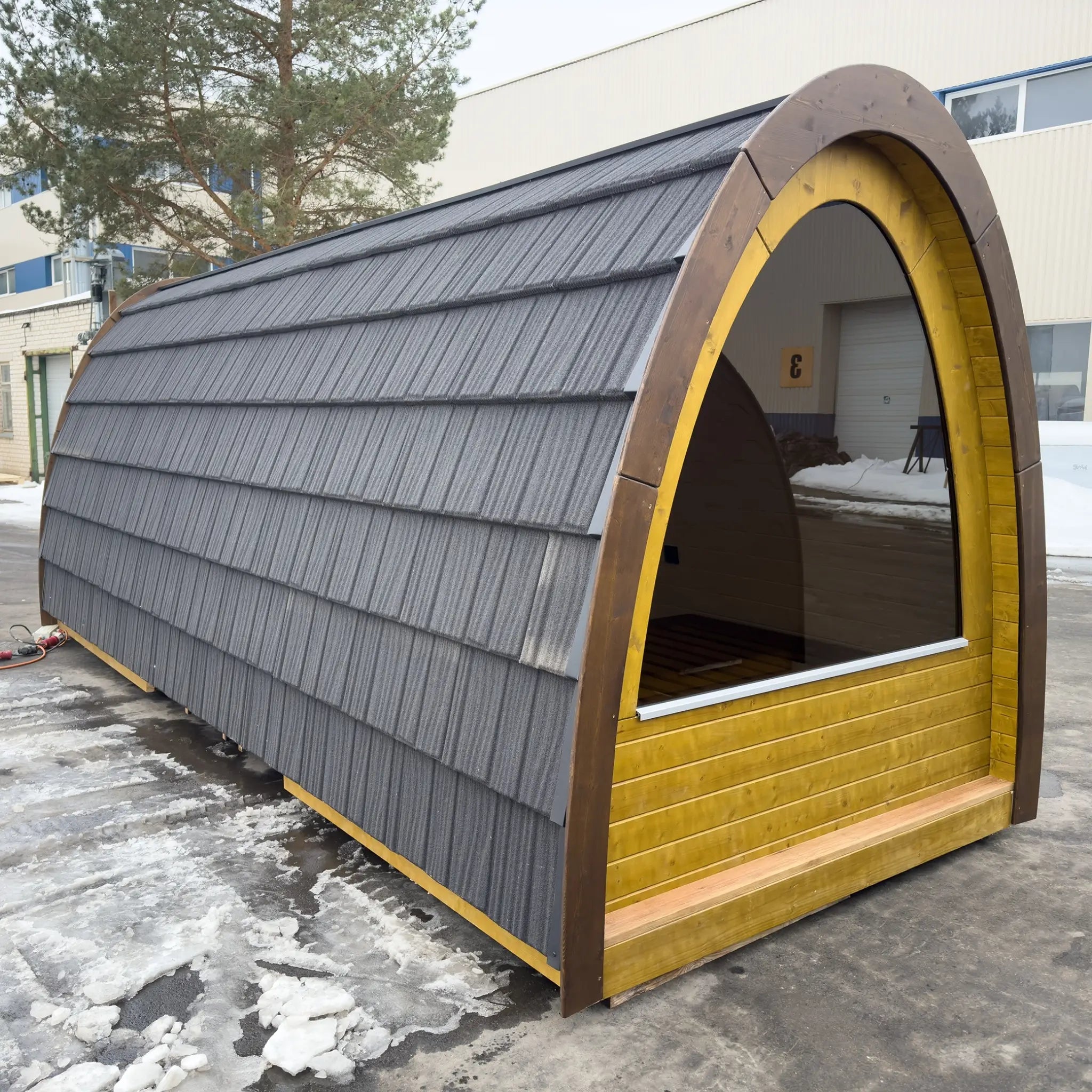Side View of Hobbit Pod Structure Showing Curved Roof Design