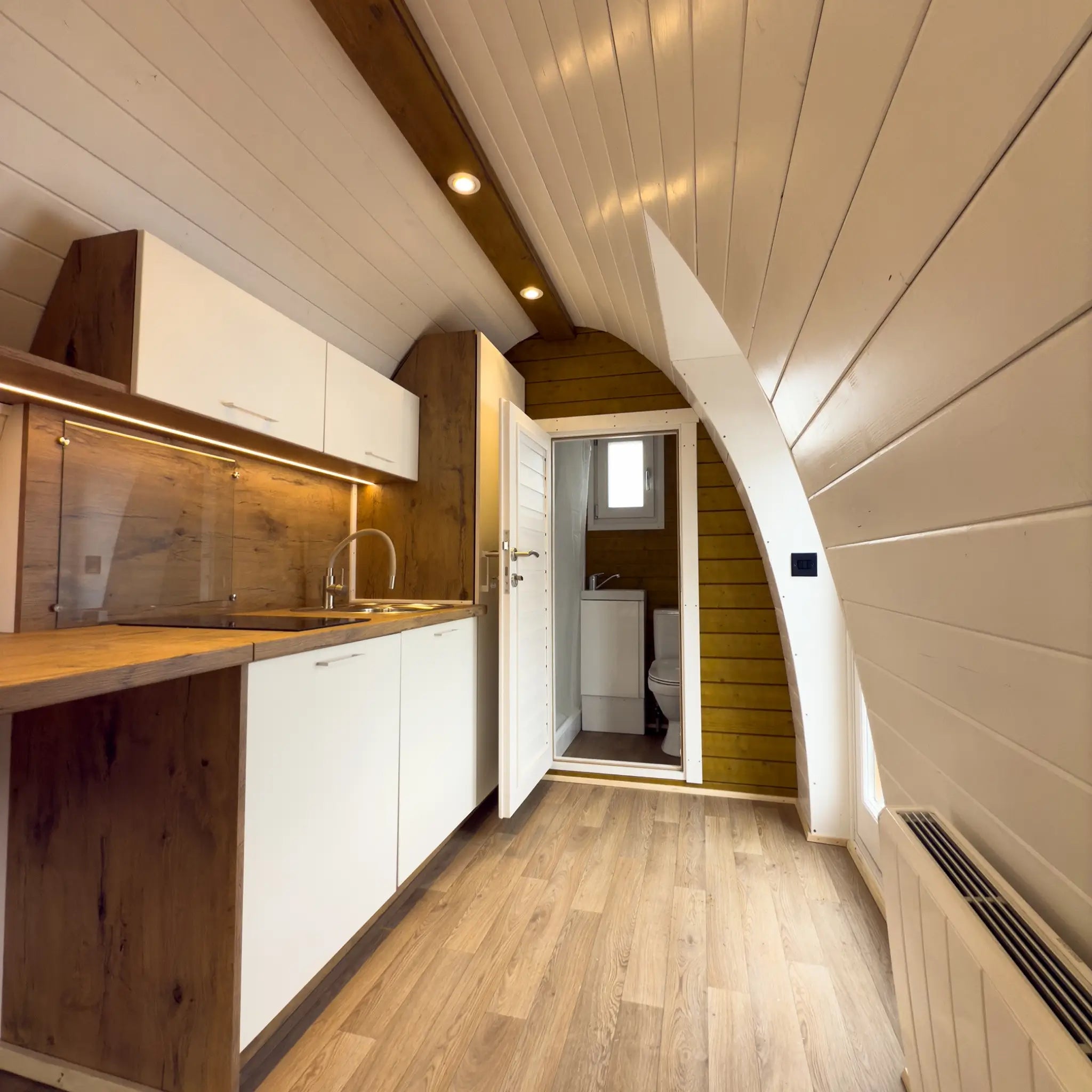 Kitchen Counter and Storage Cabinets Inside Hobbit Glamping Pod