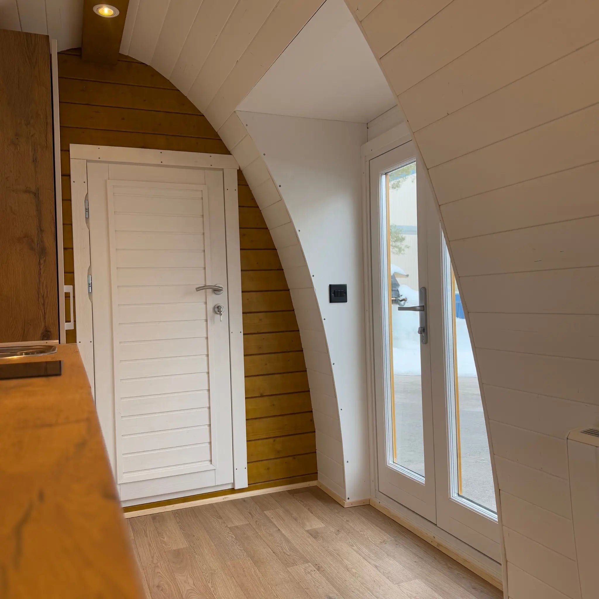 Double Glass Entrance Doors Inside Hobbit Glamping Pod