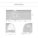Dimensions drawing of The Hobbit Pod luxury glamping pod with front, side and rear elevations