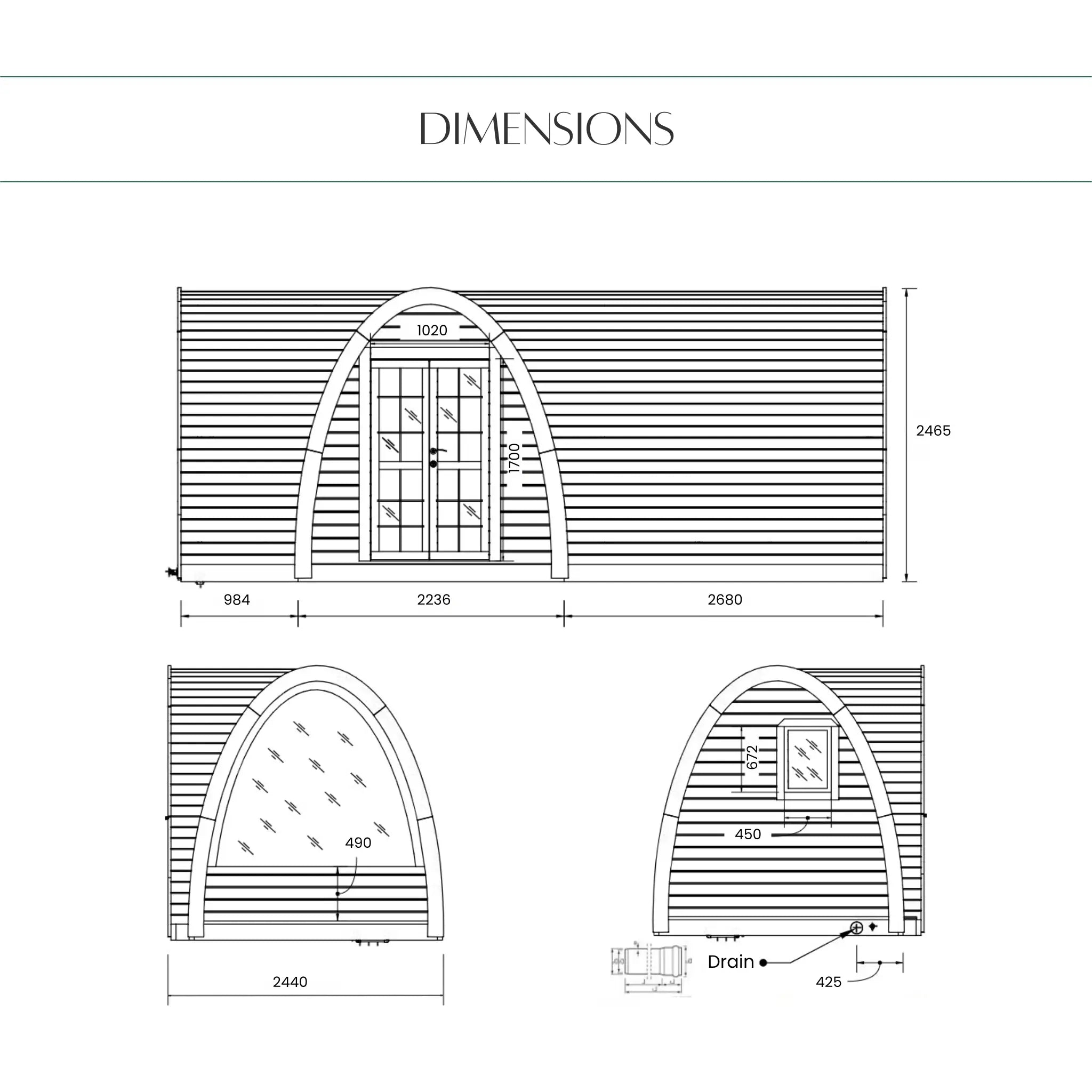 Dimensions drawing of The Hobbit Pod luxury glamping pod with front, side and rear elevations