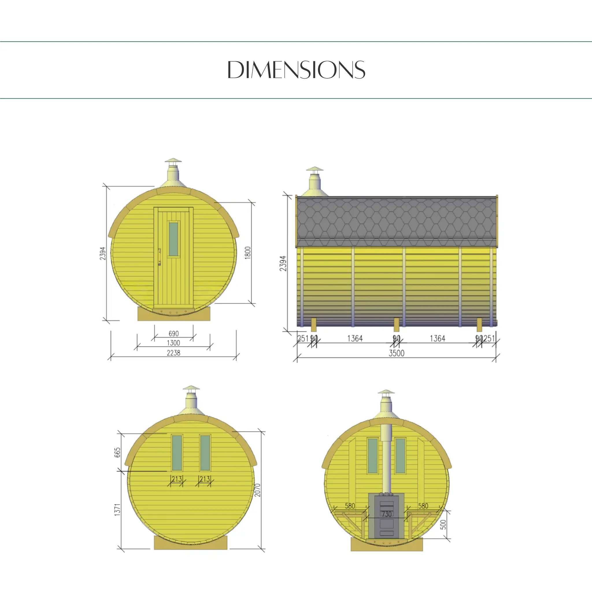 Dimensions drawing of the Infinity Glass luxury 8 person barrel sauna with changing room