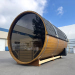 Rear panoramic glass wall of the Infinity Glass luxury barrel sauna