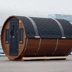 Side view of the Infinity Glass luxury 8 person barrel sauna with changing room