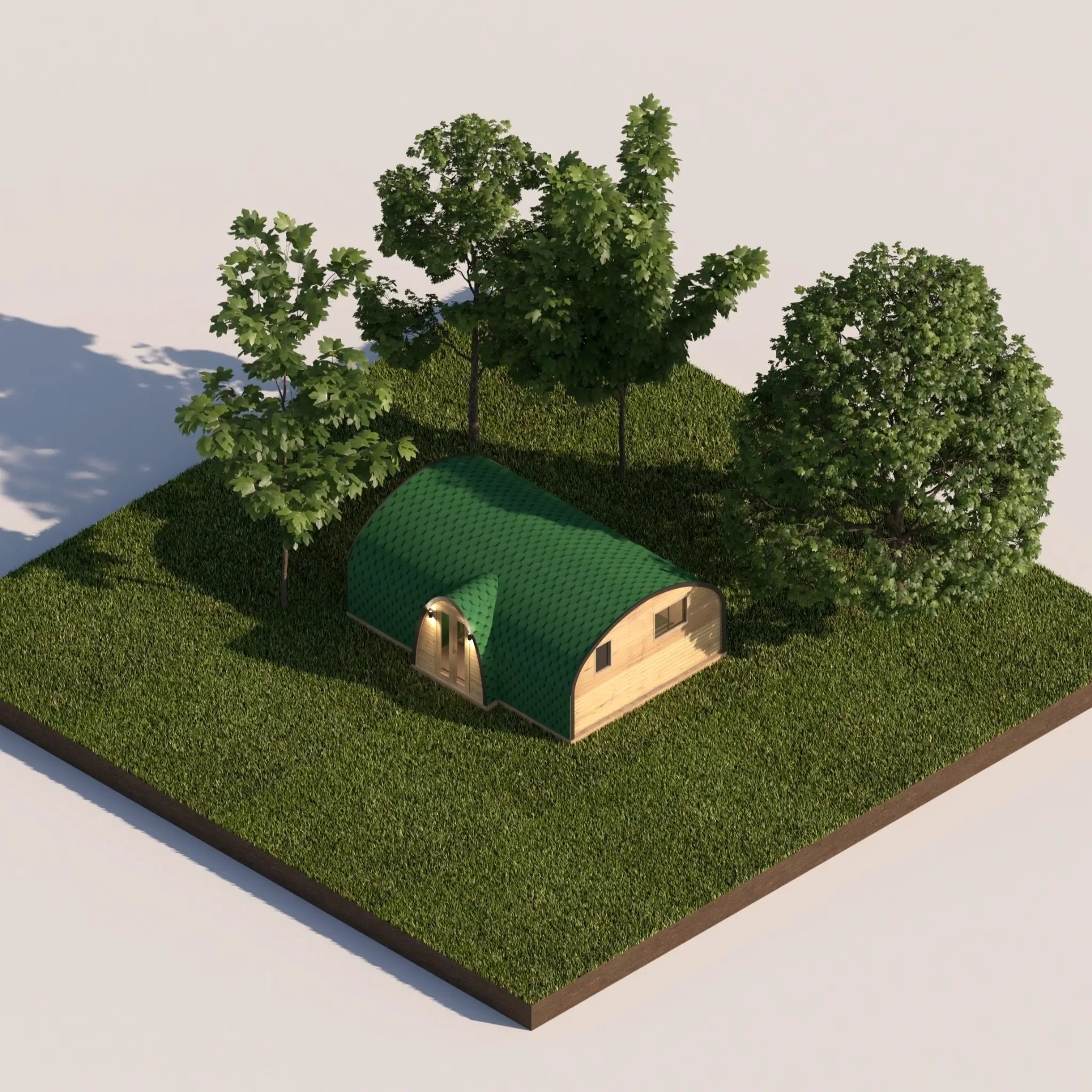 Aerial side view of the Moonburrow Pod, a luxury 2-person glamping pod with a curved green roof, set within a natural woodland landscape.
