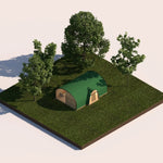 Front-facing aerial view of the Moonburrow Pod luxury glamping accommodation, showcasing its curved timber design and secluded forest setting.