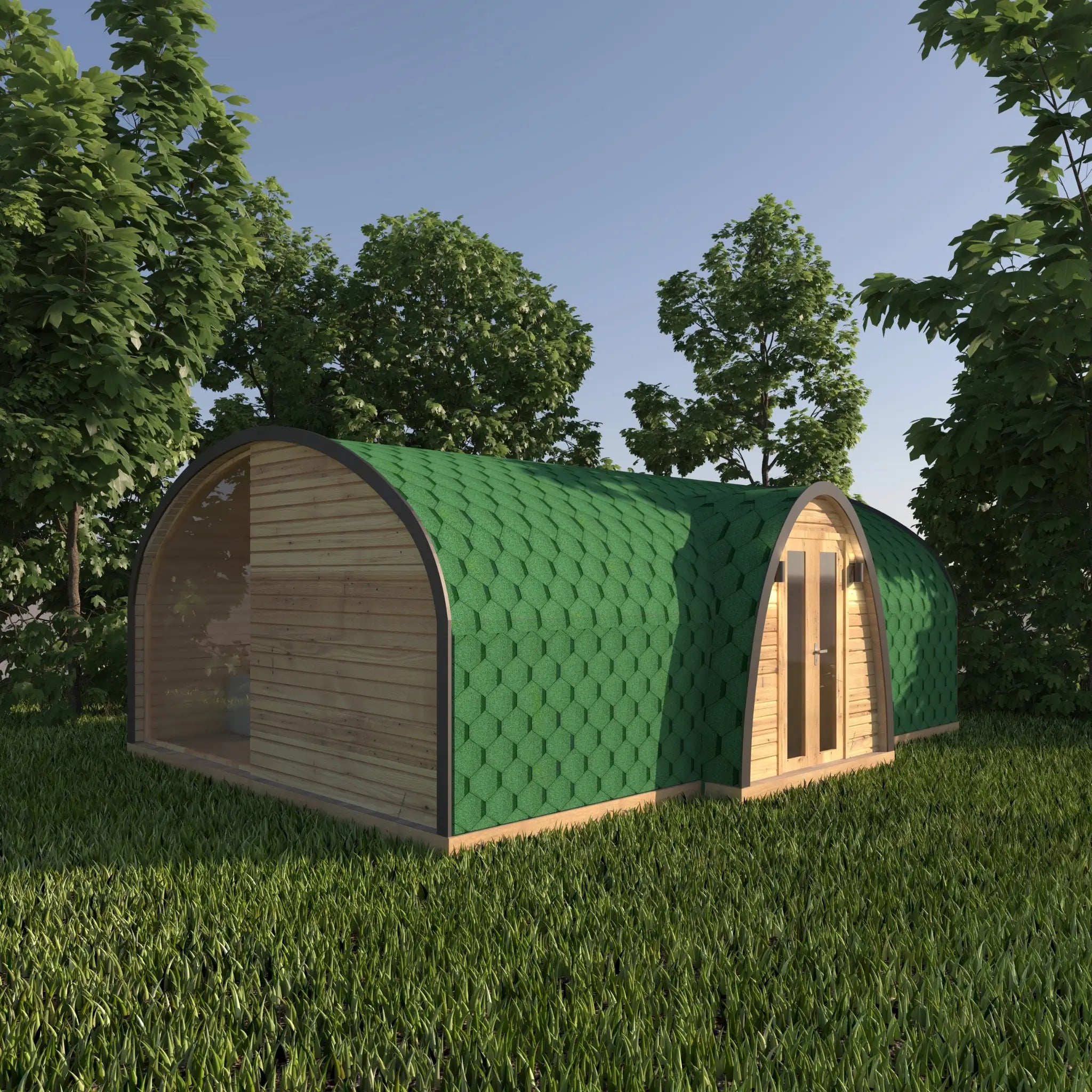 Side view of the Moonburrow Pod luxury glamping pod with a large panoramic window, designed for immersive nature views and modern outdoor stays.