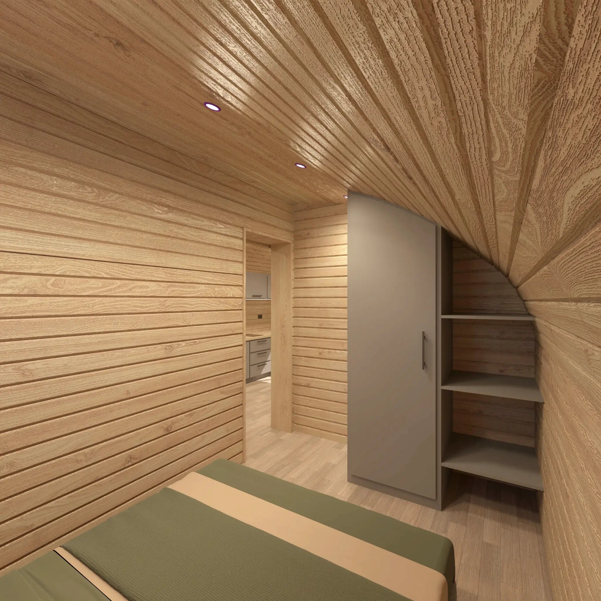 Interior view of the Moonburrow Pod bedroom facing built-in storage, showcasing space-efficient design, natural timber finishes, and luxury glamping comfort.