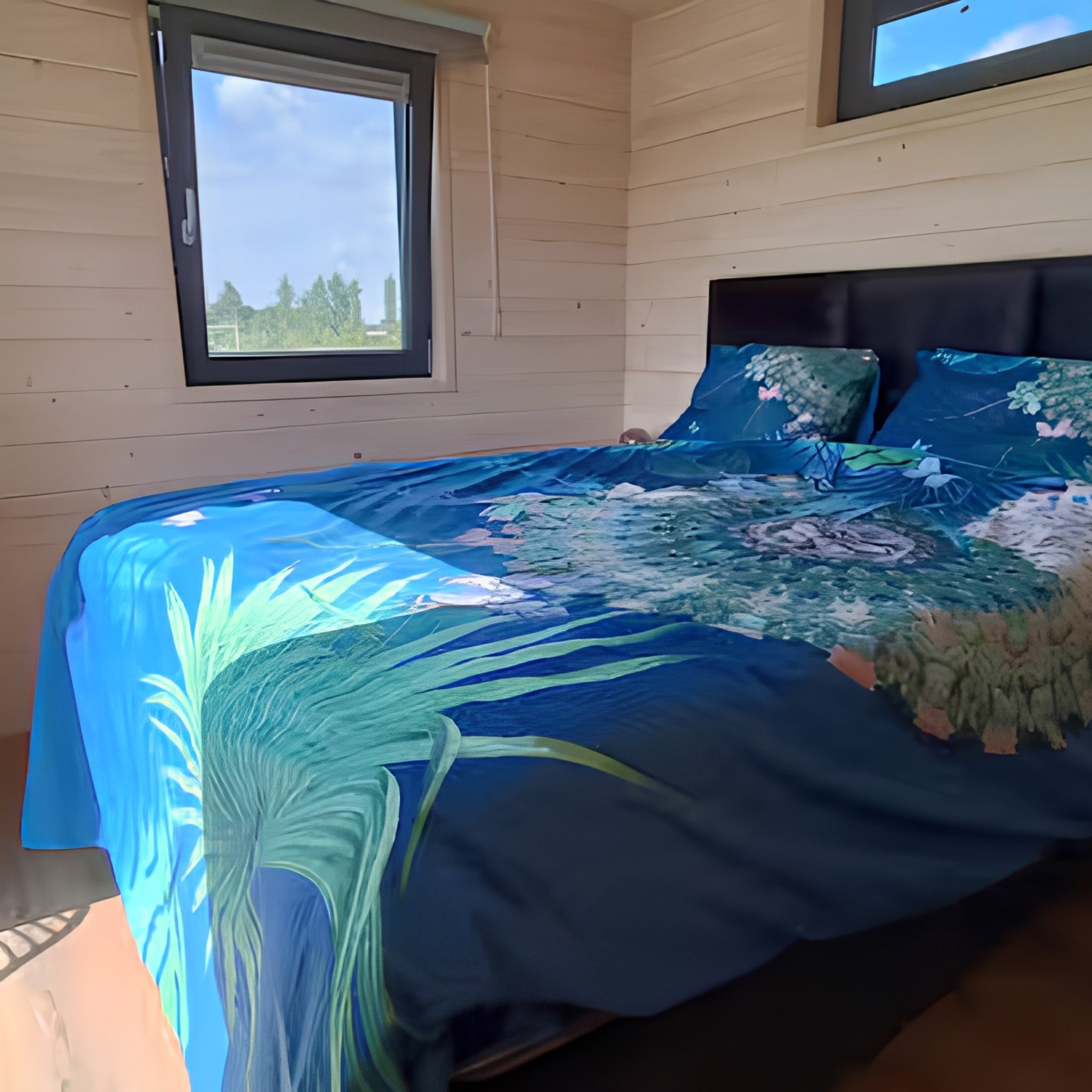 Bright double bedroom in shepherd’s hut with countryside views and wooden interiors