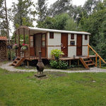 Side view of washroom hut with outdoor decking, pathway and woodland backdrop