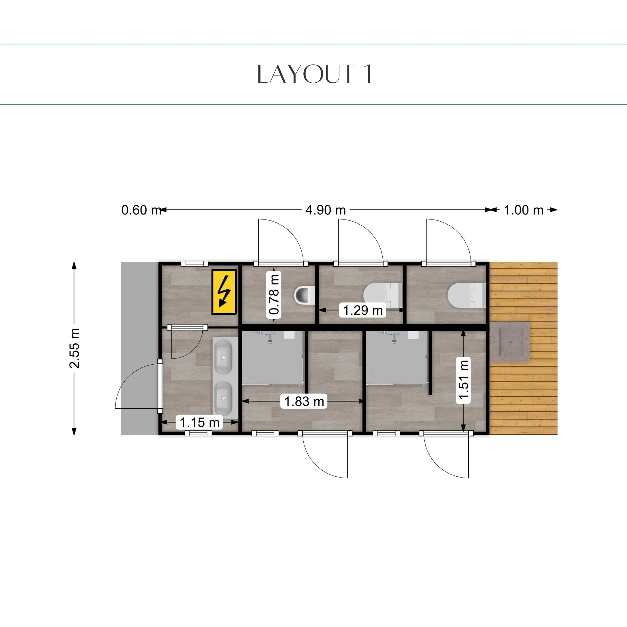 Washroom hut floor plan layout featuring toilets, showers and sink area