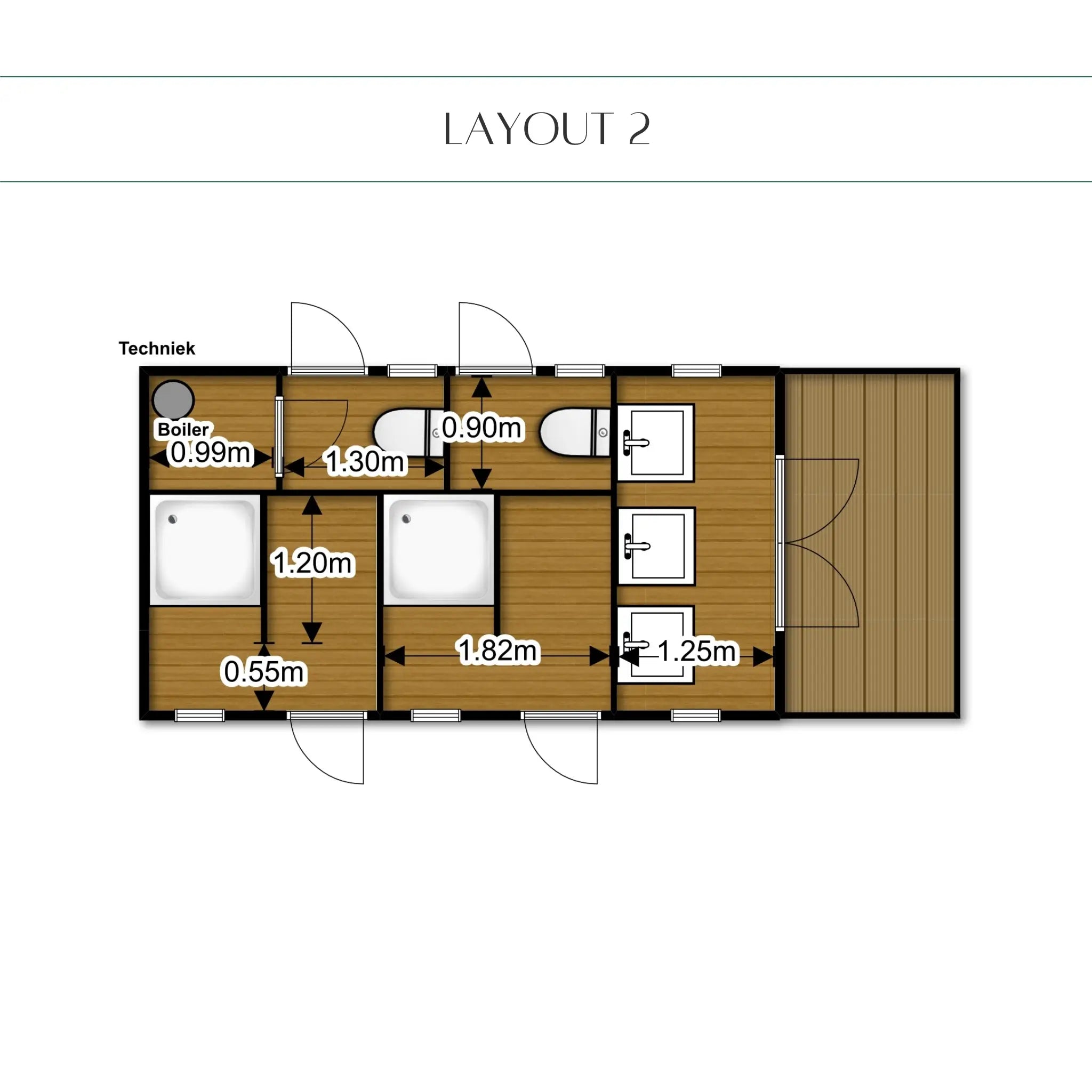 Alternative washroom hut layout with boiler room, showers and toilet cubicles