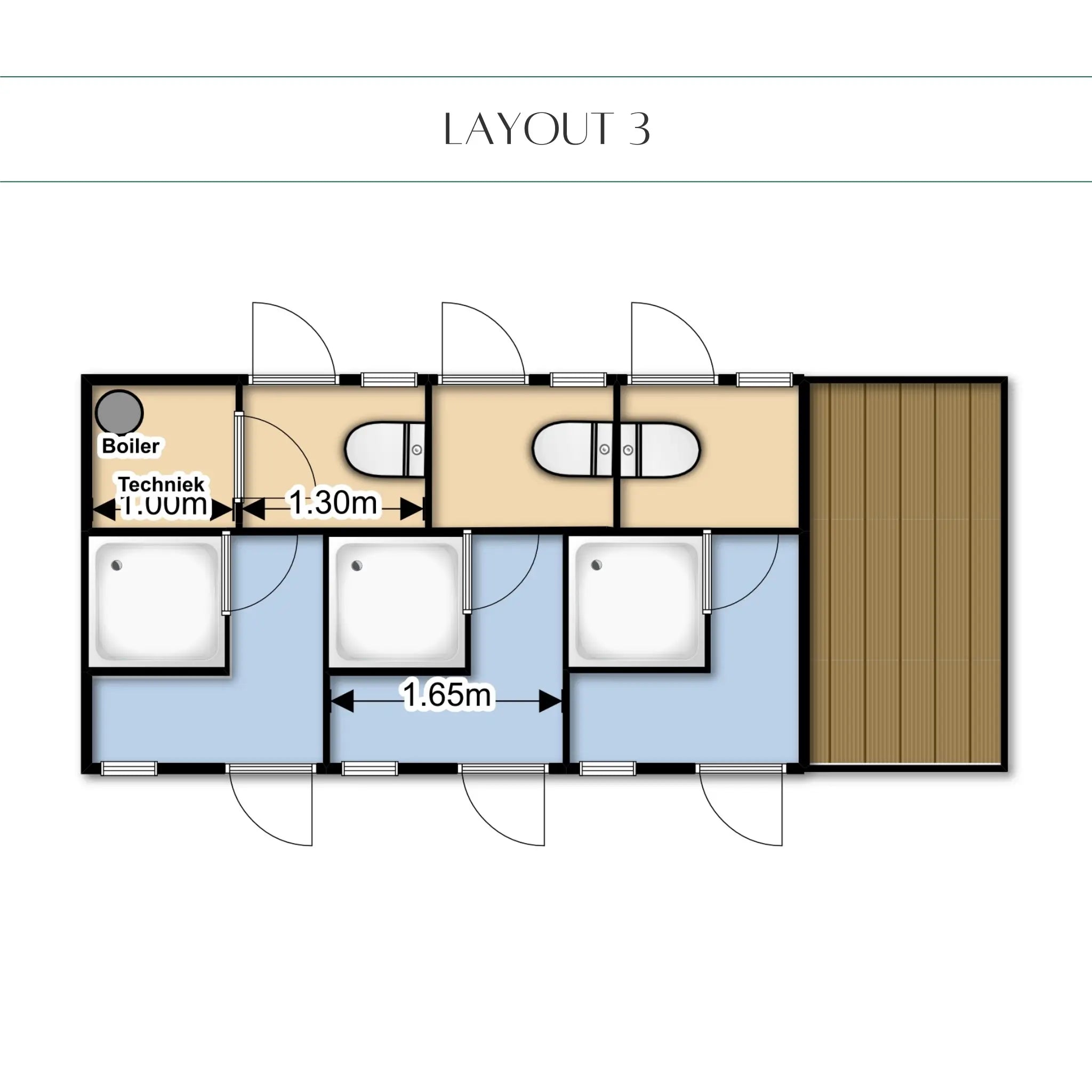 Spacious shepherds hut washroom layout with multiple shower rooms and toilets