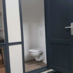 Modern toilet cubicle interior with wall-mounted toilet inside shepherds hut washroom