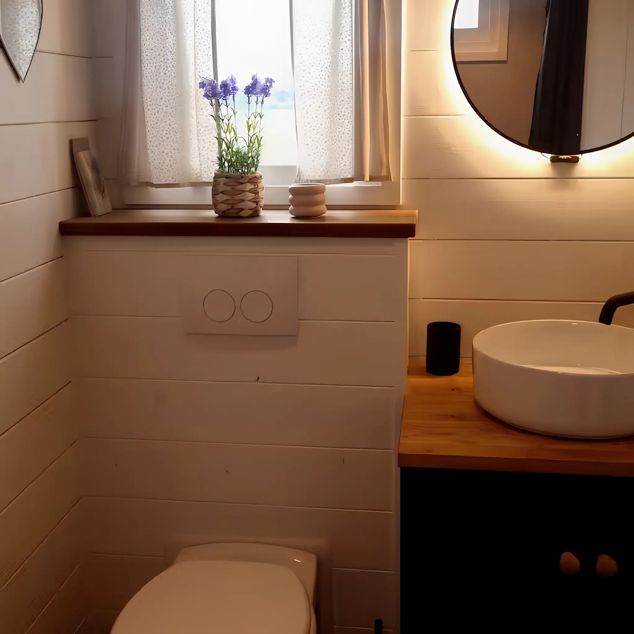 Warm modern bathroom with wooden vanity, round mirror, vessel sink, and soft ambient lighting.

