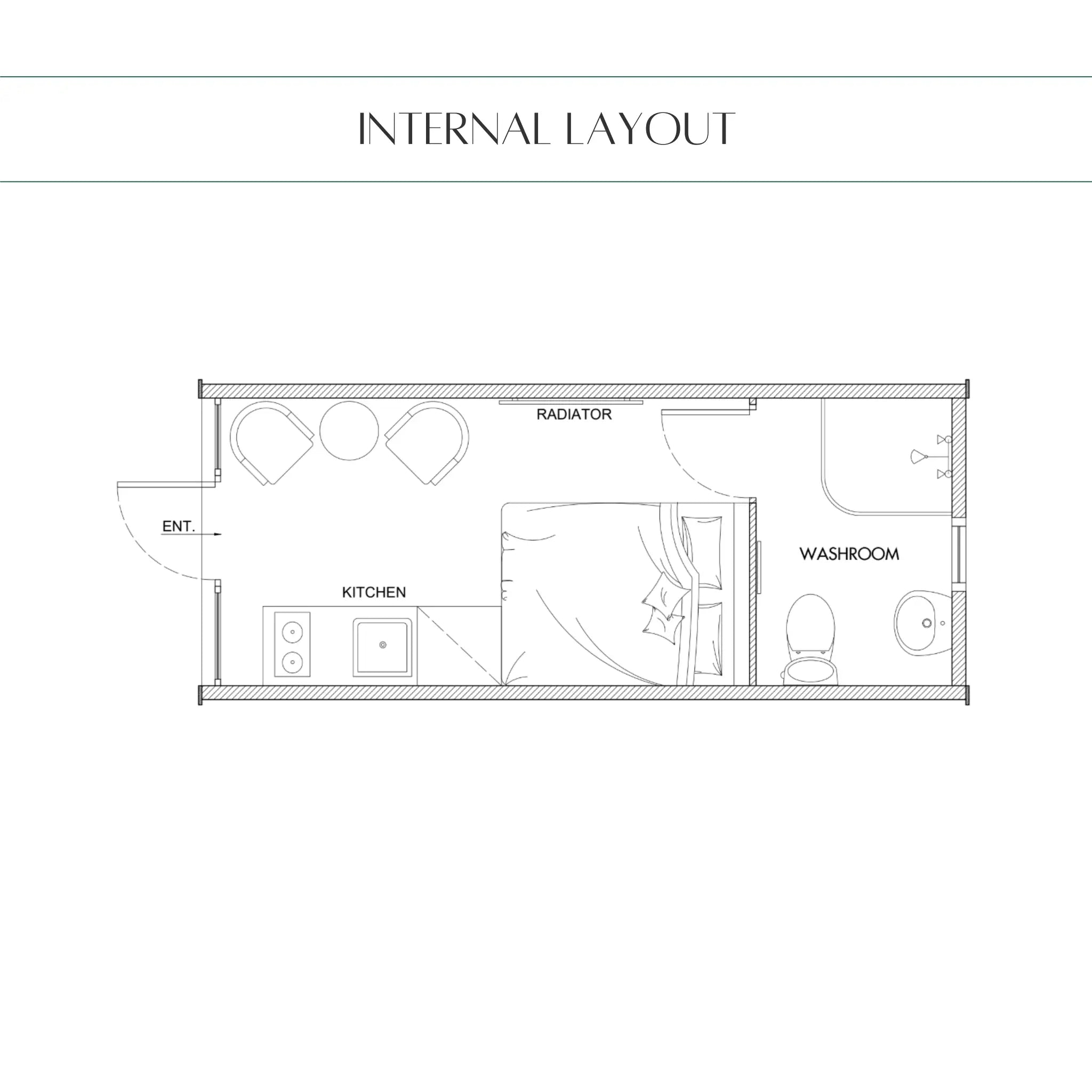 Internal layout floor plan of modern 2 person glamping pod featuring kitchenette, sleeping area, dining space and bathroom.