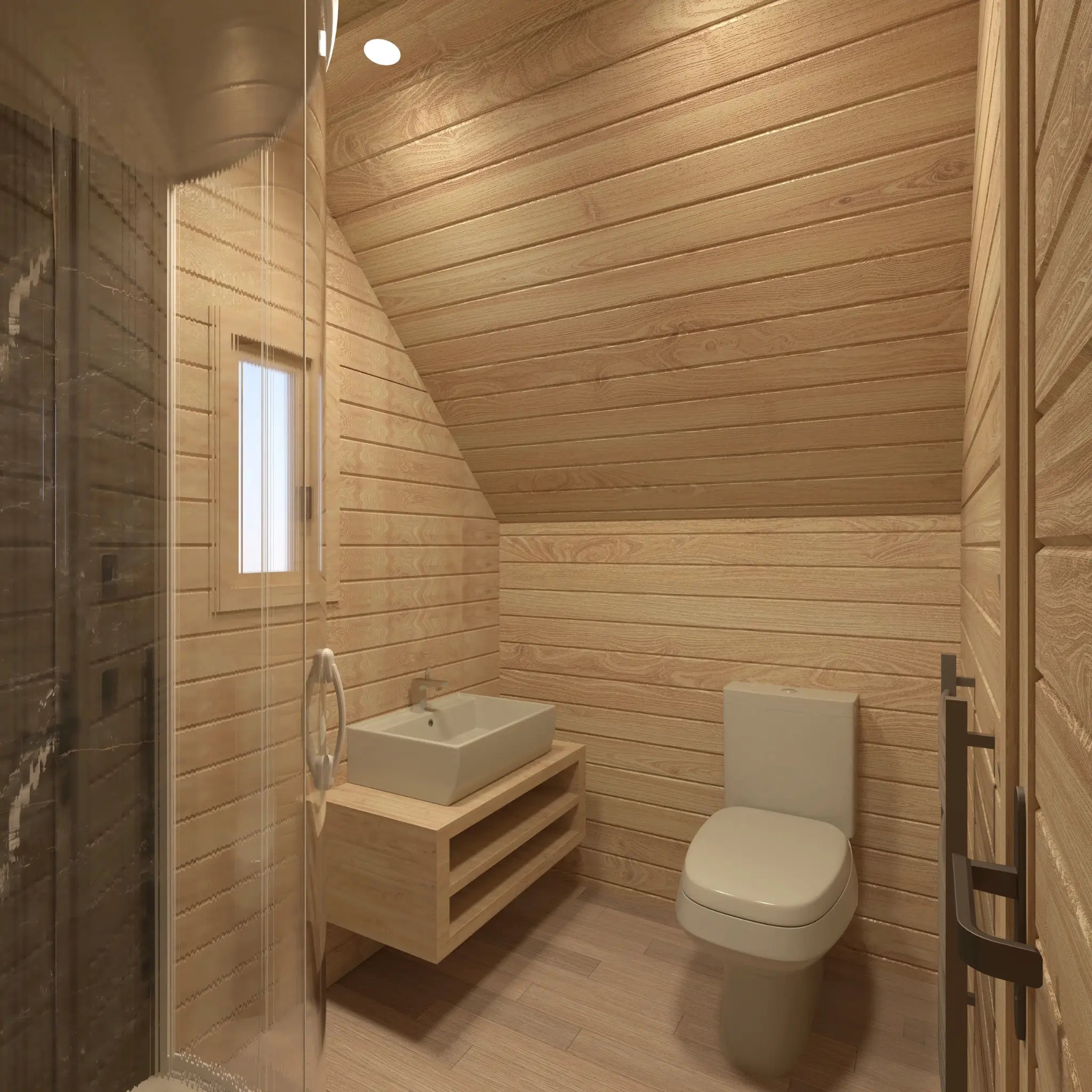 Contemporary bathroom inside compact glamping pod with curved shower cabin, timber interior walls and modern washroom fittings.