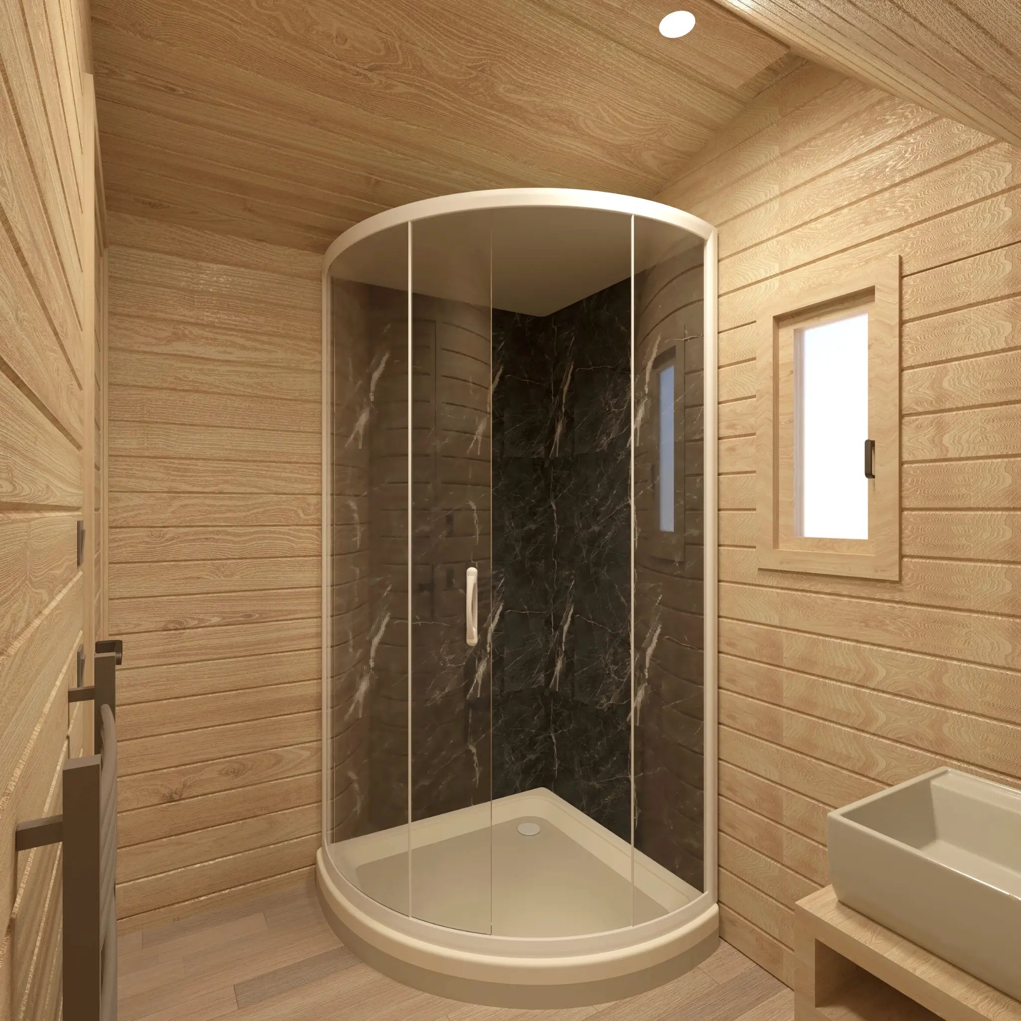 Luxury glamping pod bathroom interior with modern shower enclosure, vanity sink, wood-paneled walls and compact washroom layout.