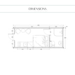 Dimensions drawing of luxury 2 person glamping pod with compact kitchenette, double bed, shower room and optimized interior measurements.