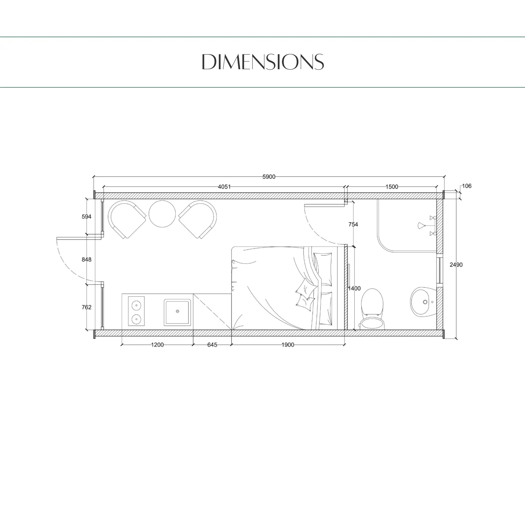 Dimensions drawing of luxury 2 person glamping pod with compact kitchenette, double bed, shower room and optimized interior measurements.