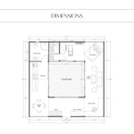 Floor plan showing the dimensions and room layout of the ultimate 2 person glamping pod with central courtyard, sauna, kitchen, bathroom, bedroom and living areas.