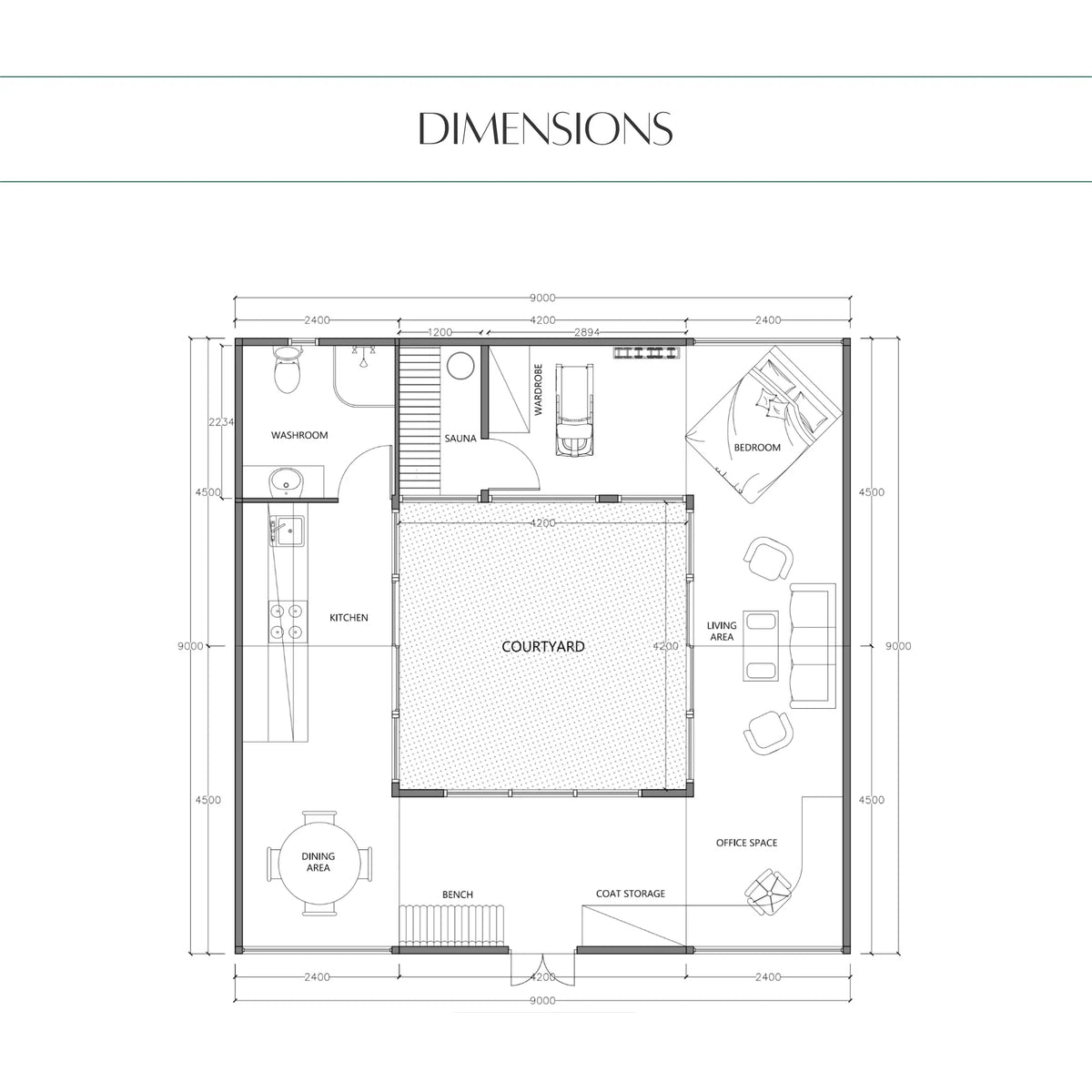Floor plan showing the dimensions and room layout of the ultimate 2 person glamping pod with central courtyard, sauna, kitchen, bathroom, bedroom and living areas.