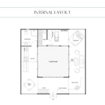Internal floor plan of the ultimate 2 person glamping pod with central courtyard, sauna, bathroom, kitchen, dining area, bedroom, living space and office.