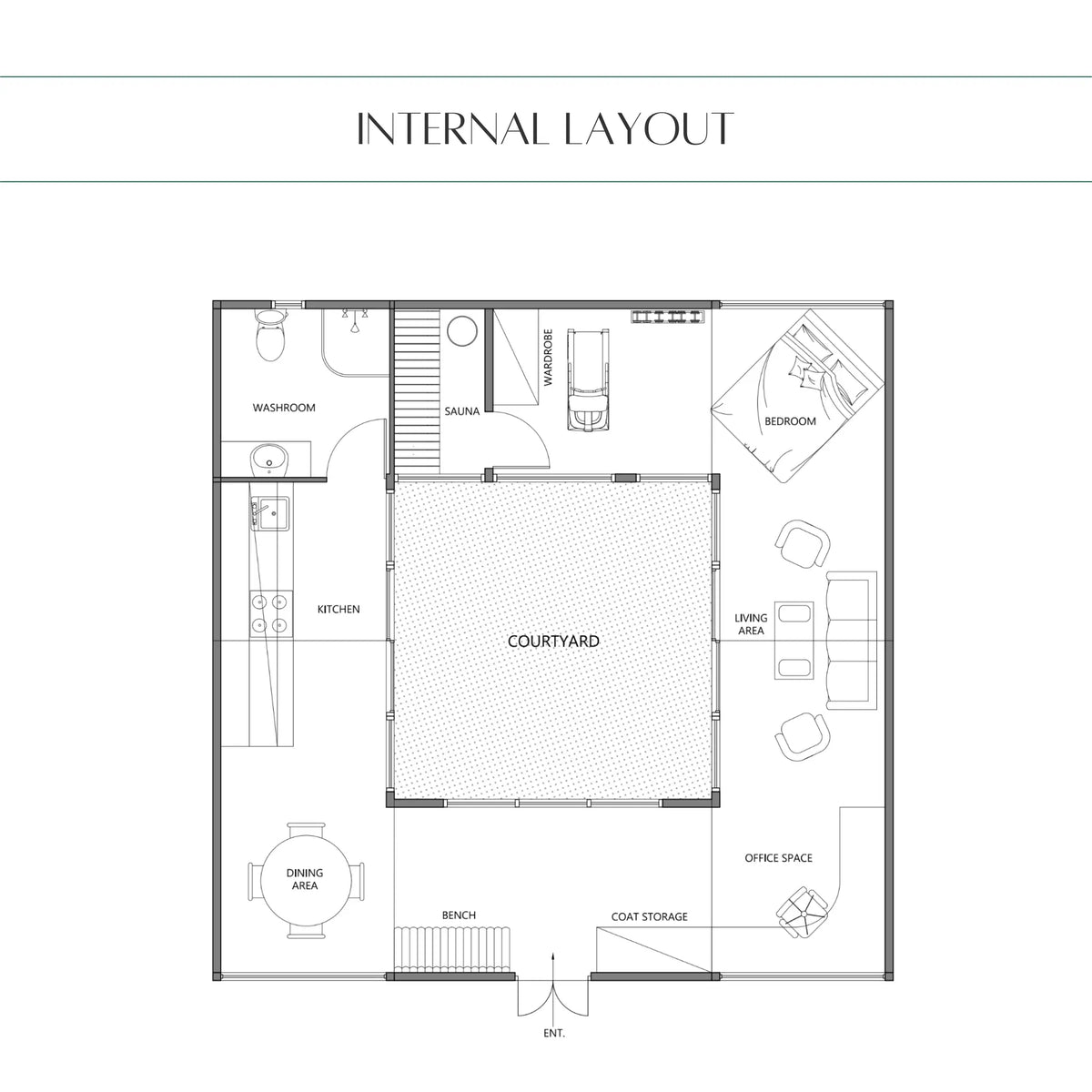 Internal floor plan of the ultimate 2 person glamping pod with central courtyard, sauna, bathroom, kitchen, dining area, bedroom, living space and office.