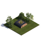 Aerial 3D view of the ultimate 2 person glamping pod with curved roof design, central open courtyard and timber exterior in a landscaped setting.