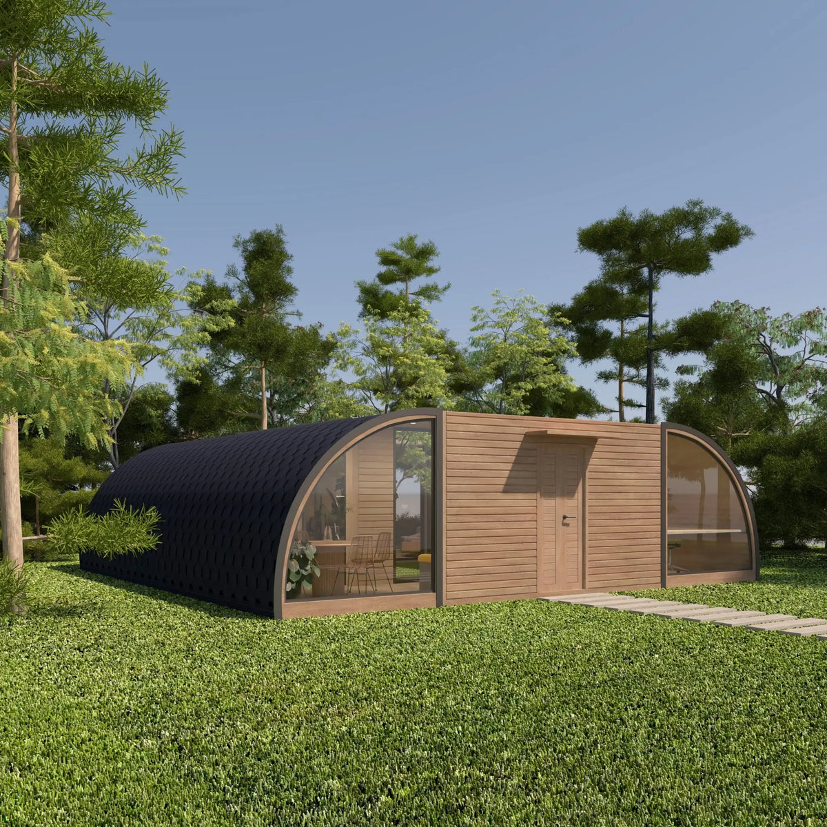 Angled exterior view of the ultimate 2 person glamping pod with curved black roof, timber cladding and large feature windows in a grassland setting.