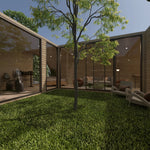 Central garden courtyard with floor-to-ceiling glazing overlooking the bedroom, living area and private gym inside the ultimate 2 person glamping pod.