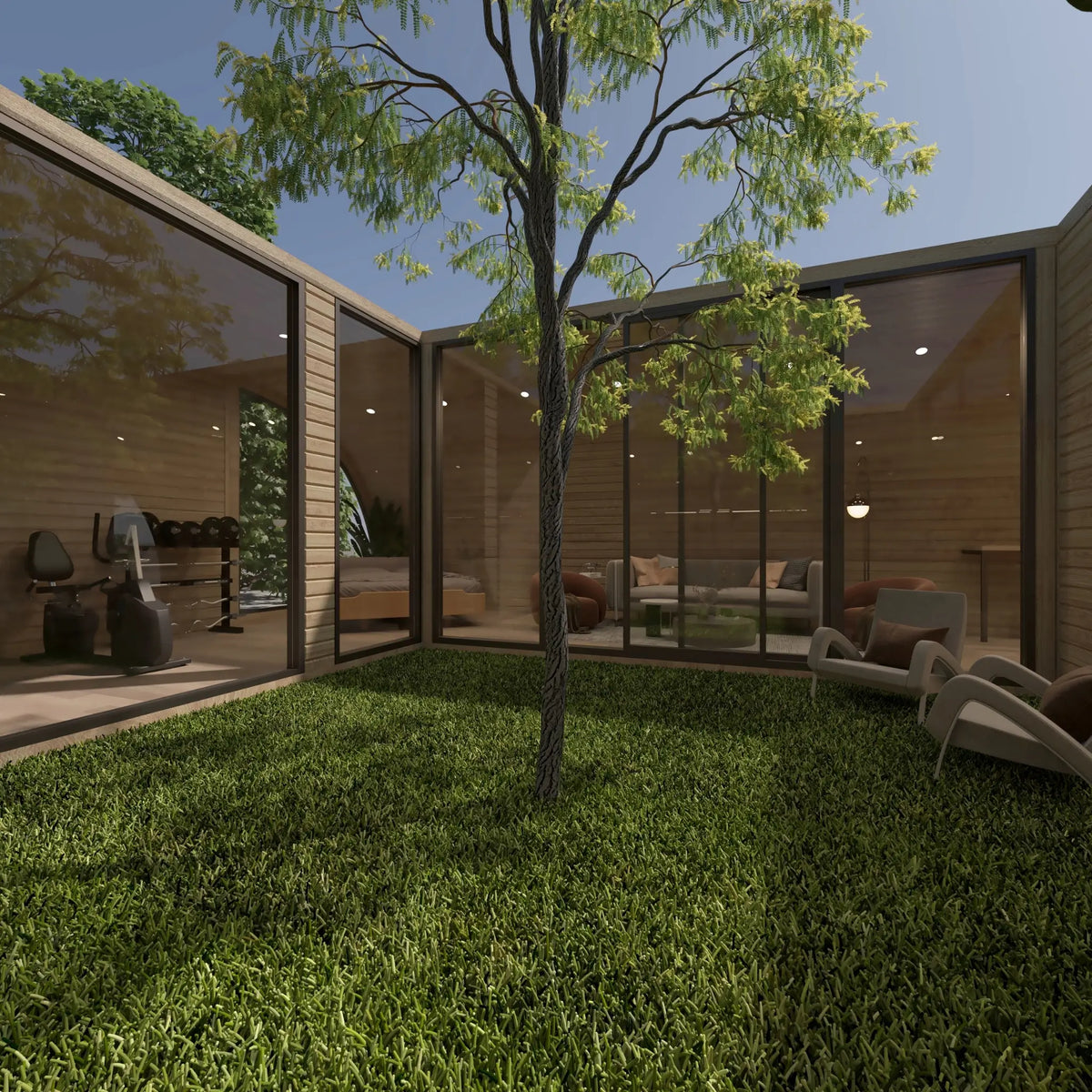 Central garden courtyard with floor-to-ceiling glazing overlooking the bedroom, living area and private gym inside the ultimate 2 person glamping pod.