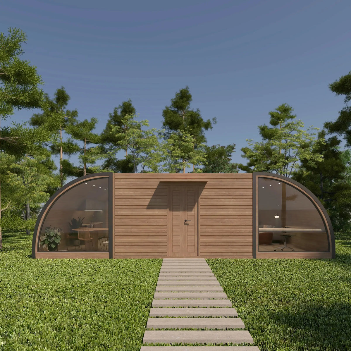 Front exterior view of the ultimate 2 person glamping pod with timber cladding, curved panoramic windows and central entrance in a grassland setting.
