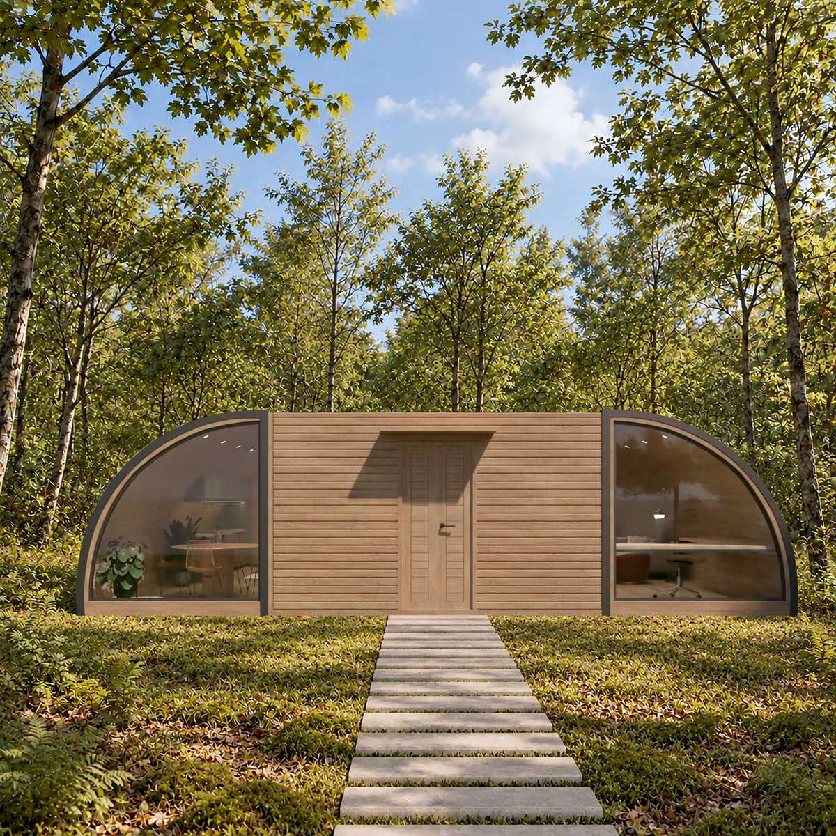 Front view of the ultimate 2 person glamping pod with timber exterior, curved panoramic glazing and central entrance surrounded by woodland.