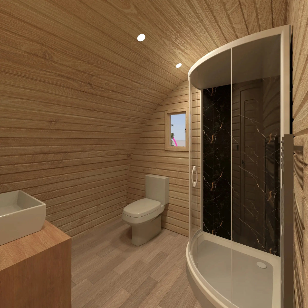 Modern bathroom inside the ultimate 2 person glamping pod with timber walls, toilet, wash basin and curved glass shower enclosure.