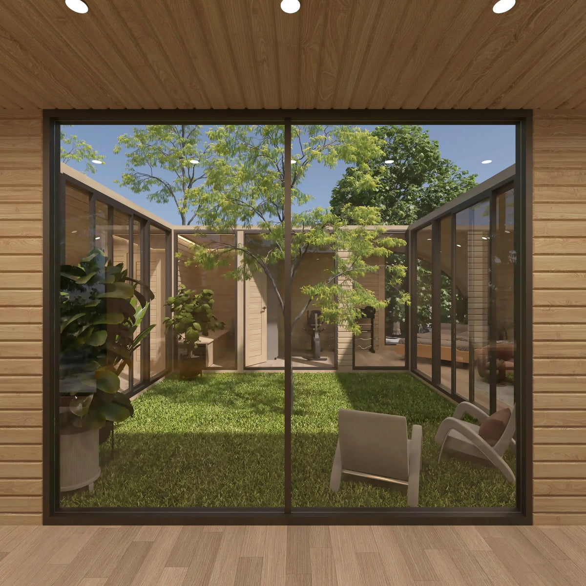 Full-height courtyard glazing offering views towards the private sauna, gym and bedroom areas inside the ultimate 2 person glamping pod.