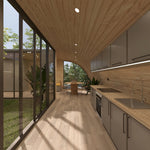 Contemporary kitchen and dining area with full-height courtyard glazing, timber interior and integrated appliances in the ultimate 2 person glamping pod.
