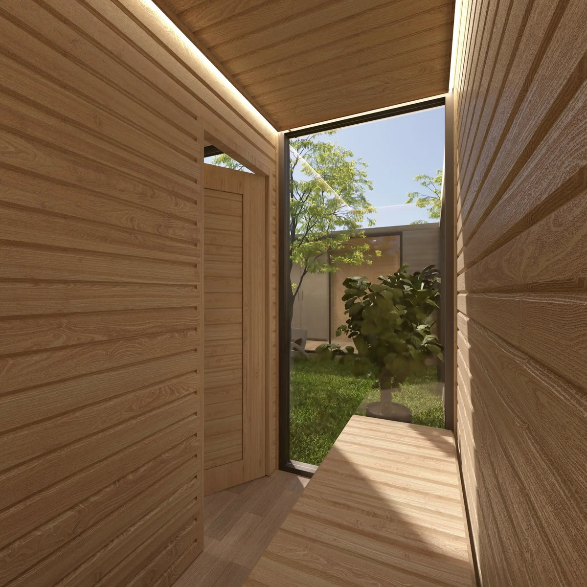 Private timber sauna with bench seating and full-height window overlooking the central courtyard of the ultimate 2 person glamping pod.