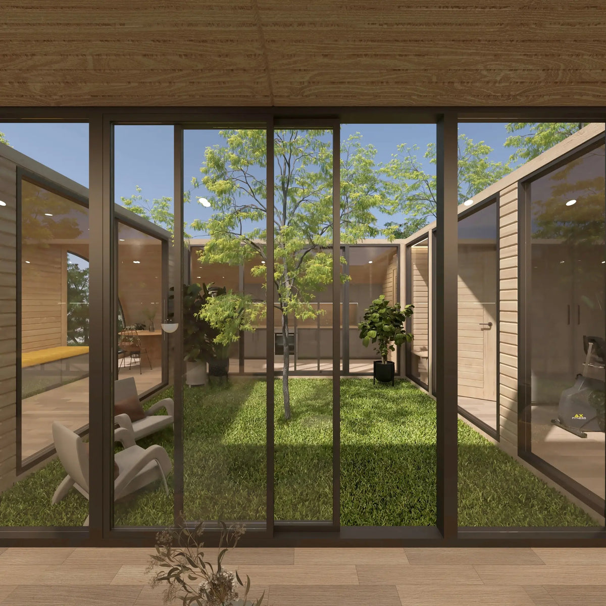 Interior view through sliding glass doors overlooking the private courtyard of the ultimate 2 person glamping pod