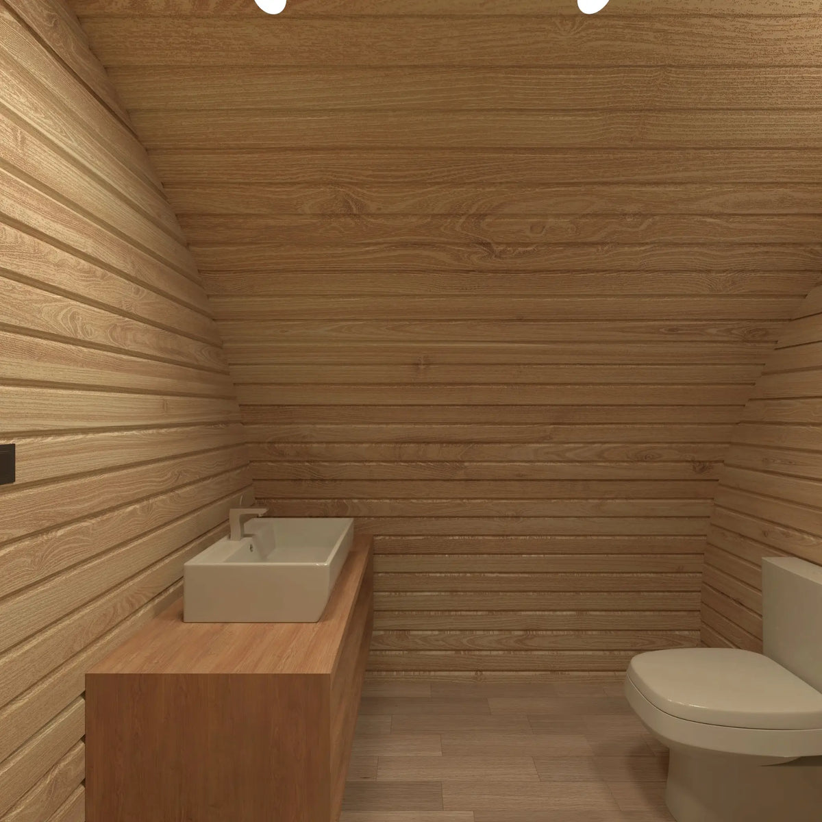 Modern private bathroom with toilet, countertop basin and timber interior in the ultimate 2 person glamping pod
