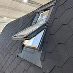 Side view of The Twilight Pod with open VELUX roof window highlighting ventilation and natural light feature