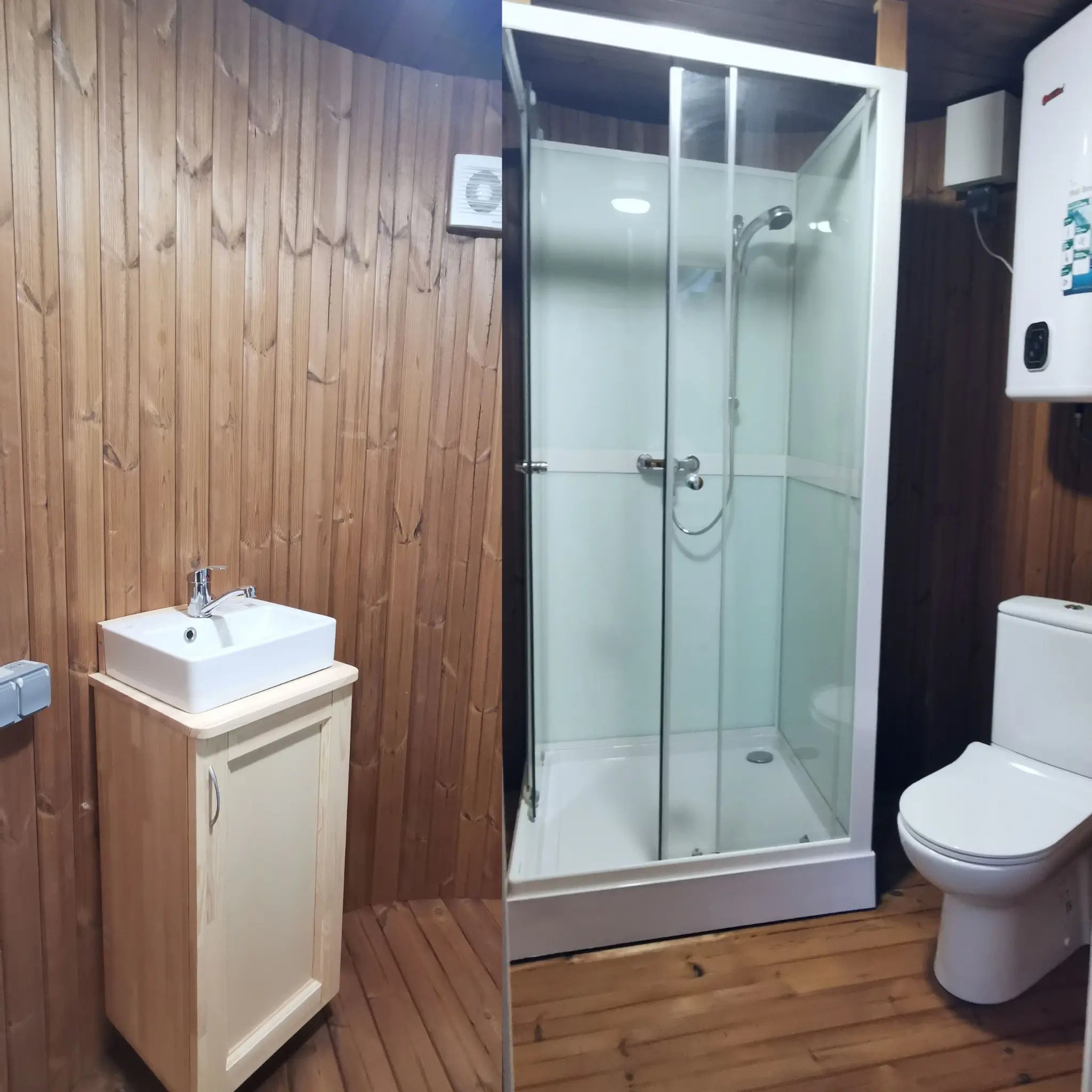Full interior bathroom view of the Washwood Barrel with sink, shower, and toilet